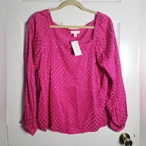 NWT Charter Club Fushia Polka Dot Long Sleeve Blouse